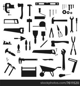 Work tool, construction, home repair and carpentry vector silhouettes icons. Woodwork and DIY building tools, handyman equipment grinder and hammer, drill, ruler and screwdriver. Work tools, construction instruments silhouettes