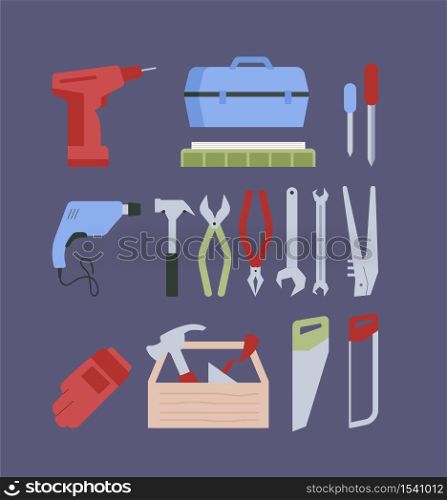 Work tools flat color vector objects set. Carpentry, woodworking and construction equipment. Handyman, repairman instruments isolated cartoon illustrations pack for web graphic design and animation. Work tools flat color vector objects set