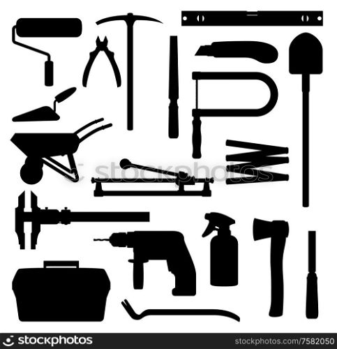 Work tools, home repair, renovation and remodeling handy works equipment silhouette icons. Vector woodwork carpentry and construction tools, hammer, drill, saw and screwdriver, spade and paint roll. Hand tools, construction carpentry woks equipment