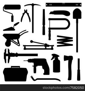 Work tools, home repair, renovation and remodeling handy works equipment silhouette icons. Vector woodwork carpentry and construction tools, hammer, drill, saw and screwdriver, spade and paint roll. Hand tools, construction carpentry woks equipment