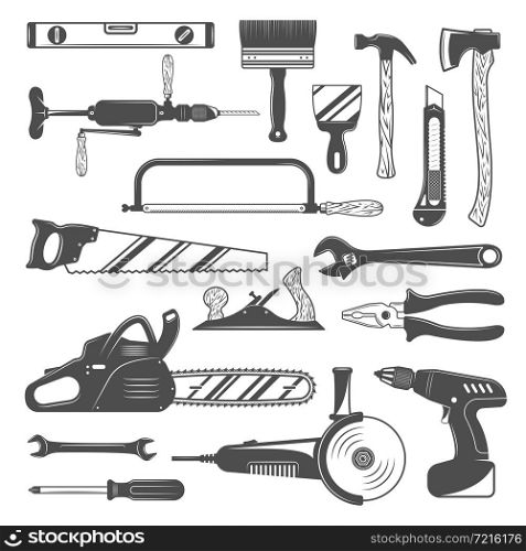 Work tools monochrome set with saw and axe grinder hammer and level wrench screwdriver isolated vector illustration. Work Tools Monochrome Set