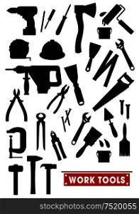 Work tools silhouette icons. Construction, carpentry and home repair vector isolated symbols hammer, electric drill, ax, ruler, saw, tongs, screwdriver, knife, paint bush, spanner helmet nippers trowel. Work tools silhouette icons