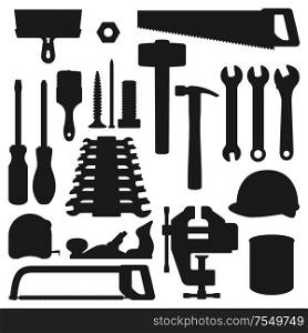 Work tools silhouette icons, home repair, renovation and remodeling handy instruments. Vector woodwork carpentry and construction tools, hammer, saw and screwdriver, wrench and drill with ruler. Home repair, remodeling and renovation work tools
