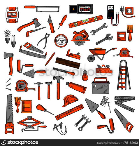 Work tools sketches of hammers, wrenches and saws, rulers, light bulbs, trowels and axes, paint brushes and rollers, wheelbarrow, battery, tape measures, jack plane, awls, electricity meter, ladder and hard hat, voltmeter, jack. Hand tools and equipments sketch symbols