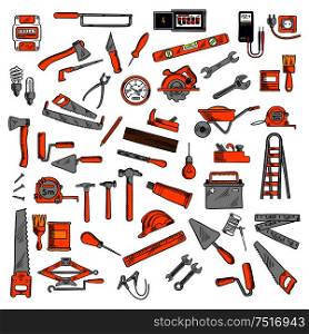Work tools sketches of hammers, wrenches and saws, rulers, light bulbs, trowels and axes, paint brushes and rollers, wheelbarrow, battery, tape measures, jack plane, awls, electricity meter, ladder and hard hat, voltmeter, jack. Hand tools and equipments sketch symbols