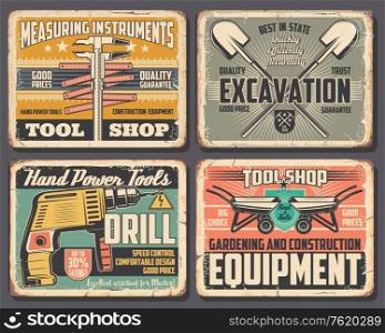 Work tools workshop posters, measuring instruments, construction and home repair or excavation equipment. Vector handyman electric drill, gardening spades and wheelbarrows, carpentry and masonry tools. Home repair and construction work tools shop