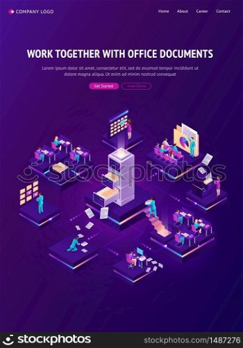 Work with documents isometric landing page, office people working with archive and database around of huge electronic drawer with files. Business administration, data storage, 3d vector web banner. Work with documents isometric landing page, banner