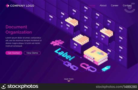 Work with documents organization isometric landing page, office cabinet with drawers, files, hashtags, folders, label, bidirectional links. Business administration, data storage, 3d vector web banner. Work with documents organization isometric landing