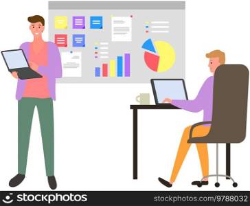 Work with statistics, business development. Men discuss statistics analytics results. Employees working with laptops with business data analysis. Man makes presentation of business indicators. Man makes presentation of business indicators. Employees working with laptops with business data