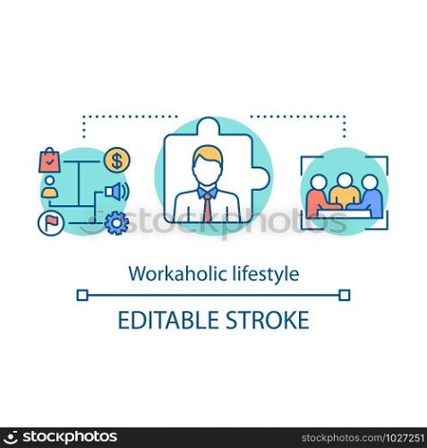 Workaholic lifestyle concept icon. Work addiction idea thin line illustration. Business management. Working overtime, being behind schedule. Vector isolated outline drawing. Editable stroke
