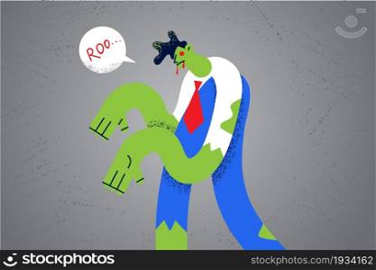Workaholic, stress and exhaustion concept. Green businessman worker zombie walking like vampire feeling tired and ready to work again vector illustration . Workaholic, stress and exhaustion concept