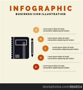 Workbook, Business, Note, Notepad, Pad, Pen, Sketch Solid Icon Infographics 5 Steps Presentation Background