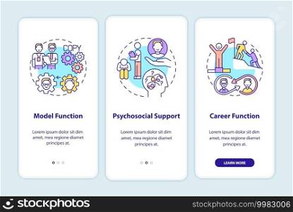 Worker adaptation functions of mentor onboarding mobile app page screen with concepts. Develop skills. Career walkthrough 3 steps graphic instructions. UI vector template with RGB color illustrations. Worker adaptation functions of mentor