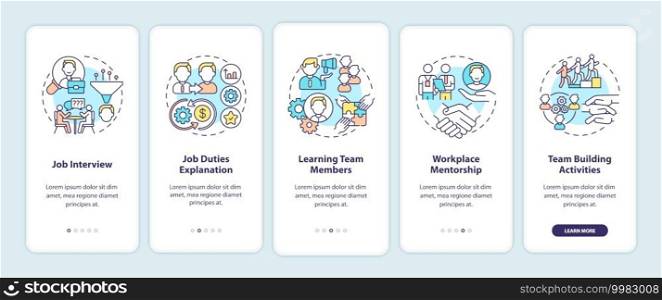 Worker adaptation stages onboarding mobile app page screen with concepts. Recruitment. Knowledge with company walkthrough 5 steps graphic instructions. UI vector template with RGB color illustrations. Worker adaptation stages