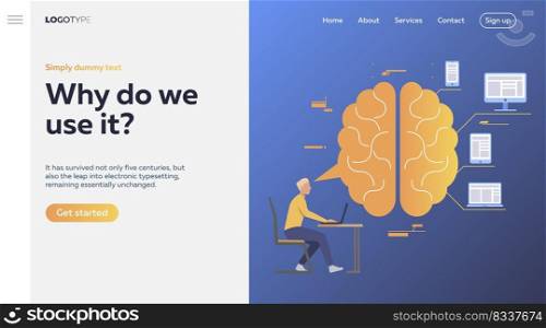 Worker analyzing efficiency. Brain, devices, infographics. Efficiency concept. Vector illustration can be used for topics like business, work, time management