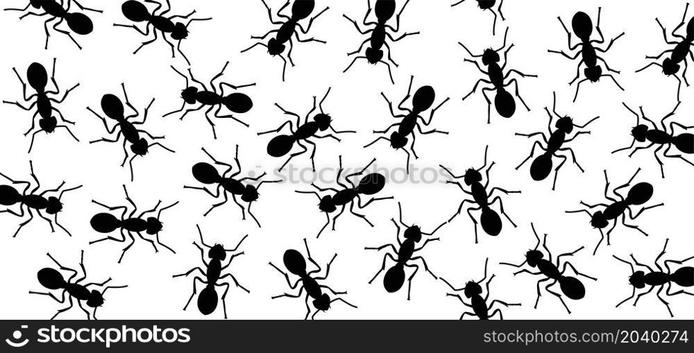 Worker ants marching in search of food sign. Black ant crawling, walking in a group. Flat vector Insect pattern. Funny silhouette pictogram.