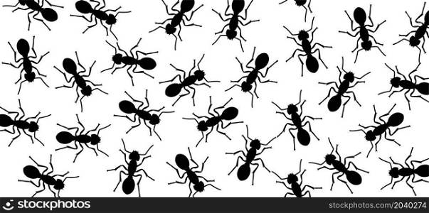 Worker ants marching in search of food sign. Black ant crawling, walking in a group. Flat vector Insect pattern. Funny silhouette pictogram.