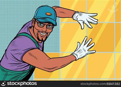 worker Builder puts tile. Construction and decoration. African American people. Pop art retro vector illustration. worker Builder puts tile