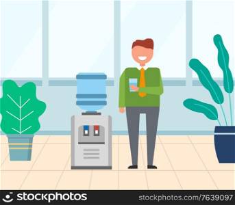Worker character drinking water from special equipment with plastic bottle, hot and cold liquid. Smiling employee holding cup, technology in office vector. Manager in modern office with big windows. Employee Holding Cup, Worker Drinking Water Vector