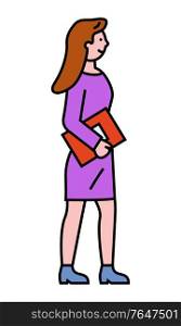 Worker character holding business report, professional accounting. Female colleague standing with documents. Element of work consulting or training with going woman in purple dress and outline vector. Business Consulting of Worker with Document Vector