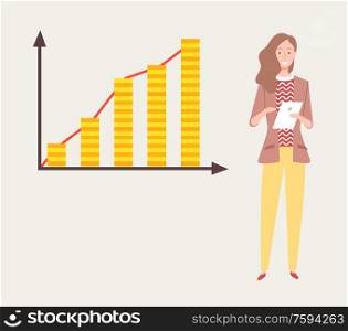 Worker character holding paper, chart report, rising graph, colorful columns, woman full length view presenting scheme with rising arrows, business vector. Woman Presenting Chart with Columns, Graph Vector
