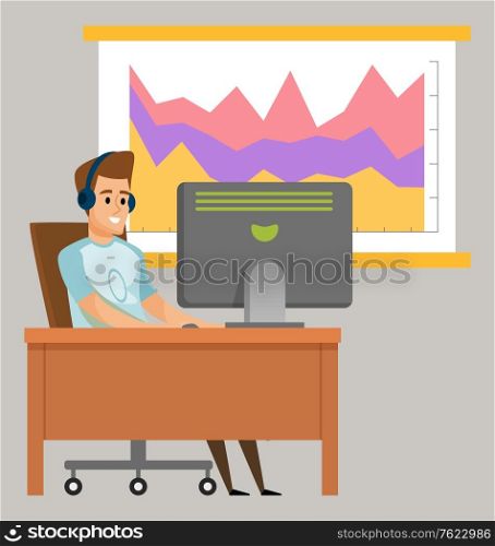 Worker character using computer, diagram report and monitor. Portrait view of smiling male wearing headset and casual clothes working with pc, hobby vector. Man Communication with Pc, Chart Board Vector