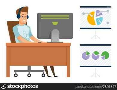 Worker character using computer, diagram report and monitor. Portrait view of smiling male wearing headset and casual clothes working with pc, hobby vector. Man Communication with Pc, Chart Board Vector