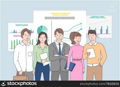 Worker characters in casual clothes holding documents, closeup view of colleagues, rising arrows on graph, infochart on board, teamwork and report vector. Board with Chart, Graph Report, Teamwork Vector