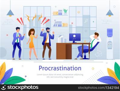Worker Characters Screaming at Sleeping Worker Banner Vector Illustration. Cartoon Person Procrastinating at Workplace. Angry and Annoyed Businessmen at Work in Office. Relaxing Man.. Worker Characters Screaming at Sleeping Worker.