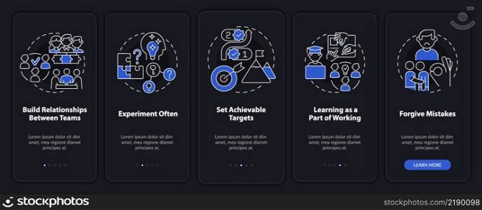Worker commitment ideas night mode onboarding mobile app screen. Walkthrough 5 steps graphic instructions pages with linear concepts. UI, UX, GUI template. Myriad Pro-Bold, Regular fonts used. Worker commitment ideas night mode onboarding mobile app screen