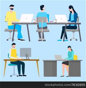 Worker communication with laptop, man and woman sitting at desktop with coffee. International business, employees corporate, teamwork technology. Vector illustration in flat cartoon style. Employee Working with Computer, Business Vector