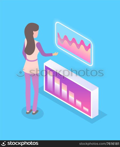 Worker dealing with information vector, screens with infocharts and infographics, expert professional job, schemes and analytics, presentation planning. Woman with Screens Data Info on Monitors Vector