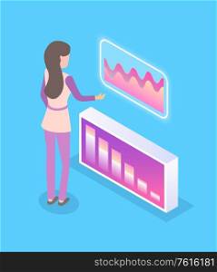 Worker dealing with information vector, screens with infocharts and infographics, expert professional job, schemes and analytics, presentation planning. Woman with Screens Data Info on Monitors Vector