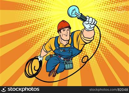 worker electrician light bulb flying superhero. Comic book cartoon pop art retro vector illustration drawing. worker electrician light bulb flying superhero