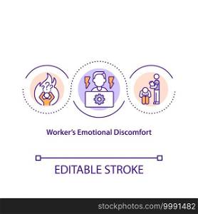 Worker emotional discomfort concept icon. Overwhelmed from work. Stress on corporate job. Employee adaptation idea thin line illustration. Vector isolated outline RGB color drawing. Editable stroke. Worker emotional discomfort concept icon