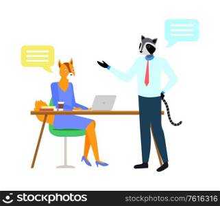 Worker fox sitting at table working with laptop, portrait view of raccoon manager character. Workplace or office with hipster animals, employee vector. Fox and Raccoon Hipster Animal, Workplace Vector
