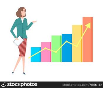 Worker giving presentation vector, infographic flat style, woman wearing formal clothes showing growing arrowhead, business concept and project results. Woman Presenting Growing Infographic Arrowhead