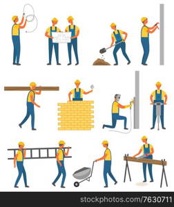 Worker holding light bulb, putty knife, hammer and drill, saw and shovel. Construction equipment trolley, stairs and log, project and wall of building. Set of builders do work on build. Vector flat. Repairer and Building Zone, Man Builder Vector