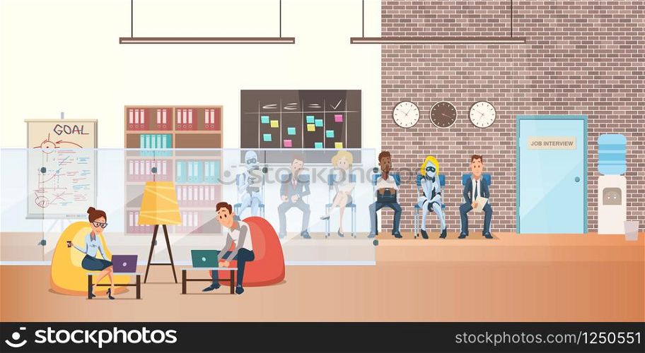 Worker in Bean Bag Chair with Laptop on Coworking. Successful Woman and Businessman Character Sit Work by Computer. Queue of Robot and People Wait Job Interview. Flat Cartoon Vector Illustration.. Worker in Bean Bag Chair with Laptop on Coworking