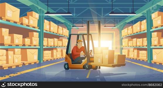 Worker in forklift in warehouse with cardboard boxes on shelves. Vector cartoon storage room interior with open shutter doors, goods on metal racks and lift truck with driver. Warehouse with man worker, forklift and boxes