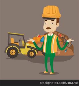 Worker in hard hat standing with spread arms on the background of rubbish dump and bulldozer working on landfill. Concept of environmental pollution. Vector flat design illustration. Square layout.. Worker and bulldozer at rubbish dump.
