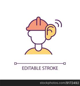Worker in helmet listening attentively RGB color icon. Employee hearing suspicious sounds. Safety in workplace. Isolated vector illustration. Simple filled line drawing. Editable stroke. Worker in helmet listening attentively RGB color icon
