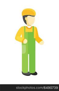 Worker in Uniform and Helmet. Worker in green uniform and orange helmet. Construction worker. Worker silhouette professional industrial repairman. Worker icon. Isolated vector illustration on white background.