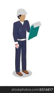 Worker in uniform vector illustration. Isometric projection. Man character in blue overall, helmet, gloves standing with pad paper holder in hand. Builder, engineer, courier. On white background . Worker in Uniform Vector Illustration Flat Design. Worker in Uniform Vector Illustration Flat Design
