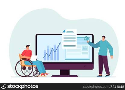 Worker in wheelchair next to monitor with statistics graph. Company with marketing strategy flat vector illustration. Disability, accessibility, business growth concept for banner or landing web page