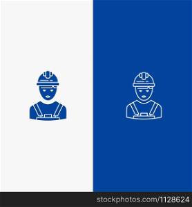 Worker, Industry, Avatar, Engineer, Supervisor Line and Glyph Solid icon Blue banner Line and Glyph Solid icon Blue banner