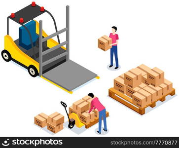 Worker loading boxes on carrier. Postal transportation. Man holding box, put it on stack with boxes. Cartoon illustration of delivery service. Cardboard parcels for shipment. Worldwide sales concept. Worldwide sales concept. Worker loading boxes on carrier. Man holding box, put it on stack