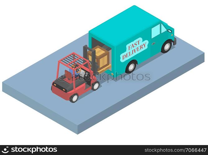 Worker loads a van with a forklift. Loader with driver and van in isometric.