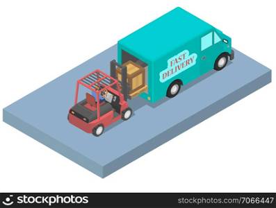 Worker loads a van with a forklift. Loader with driver and van in isometric.