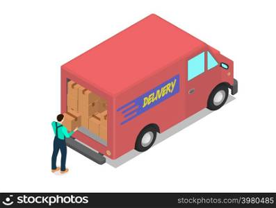 Worker loads the van with cardboard boxes. Handyman at the red van with a box in his hands.